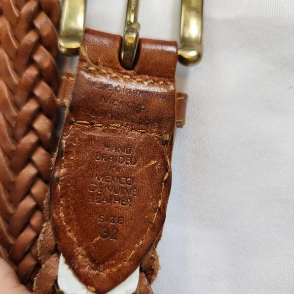 Vintage Genuine Leather Braided Belt, Handmade in Mexico. Brass Buckle. Size 32.